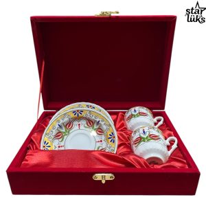 2'li 4 Parça Güral Porselen Altın Renkli Kahve Fincan Takımı Kırmızı Kutusu ile Birlikte