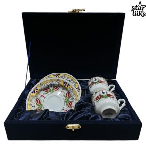 2'li 4 Parça Güral Porselen Desenli Kahve Fincan Takımı Lacivert Kutusu ile Birlikte