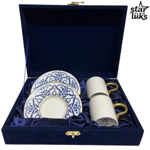 2'li 4 Parça Güral Porselen Altın Renkli Kahve Fincan Takımı Lacivert Kutusu ile Birlikte