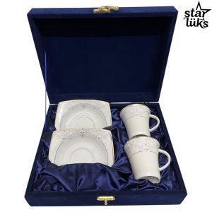 2'li 4 Parça Güral Porselen Desenli Kahve Fincan Takımı Lacivert Kutusu ile Birlikte
