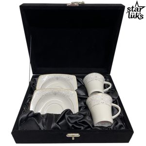 2'li 4 Parça Güral Porselen Desenli Kahve Fincan Takımı Siyah Kutusu ile Birlikte