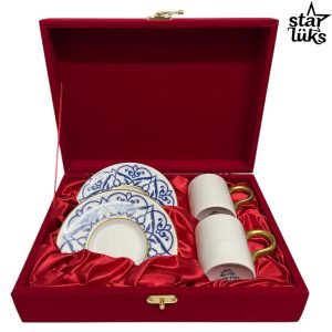 2'li 4 Parça Güral Porselen Altın Renkli Kahve Fincan Takımı Kırmızı Kutusu ile Birlikte