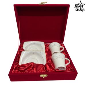 2'li 4 Parça Güral Porselen Desenli Kahve Fincan Takımı Kırmızı Kutusu ile Birlikte